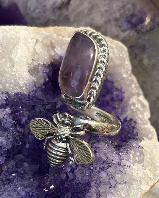 Sterling Silver Taxco Mexico Bee & Amethyst Bypass Ring