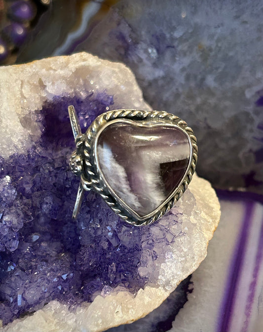 Sterling Silver Modern Taxco Mexico Chunky Chevron Amethyst Heart & Bee Ring