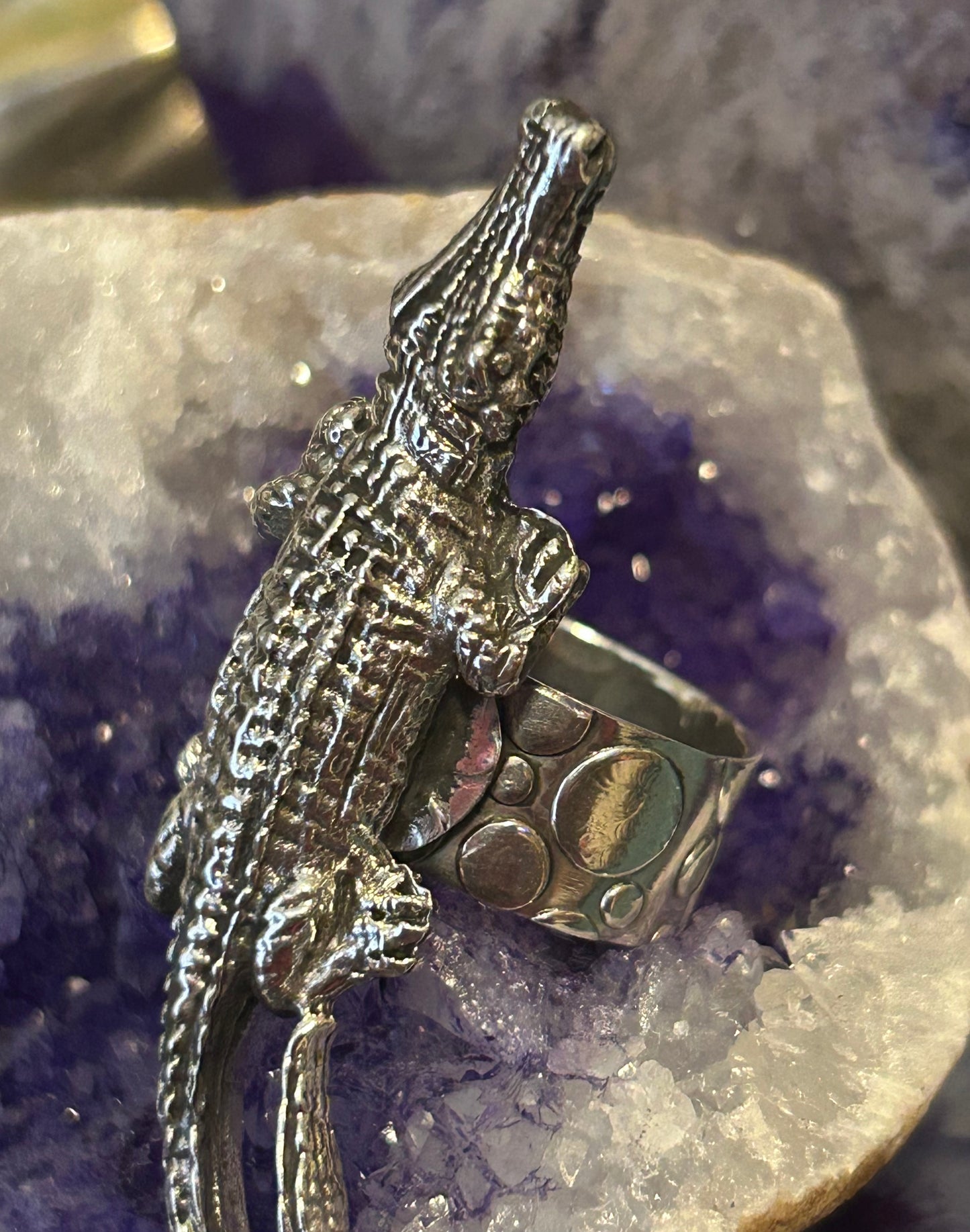 Sterling Silver Taxco Mexico Large Alligator Crocodile Ring Adjustable