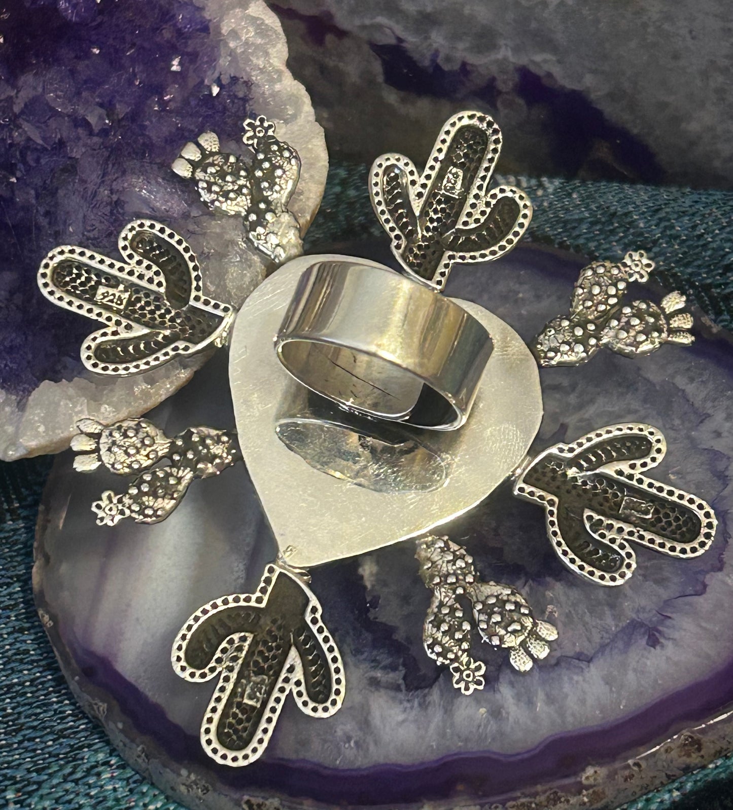 Sterling Silver Taxco Mexico Huge Statement Heart & Cactus Ring Adjustable
