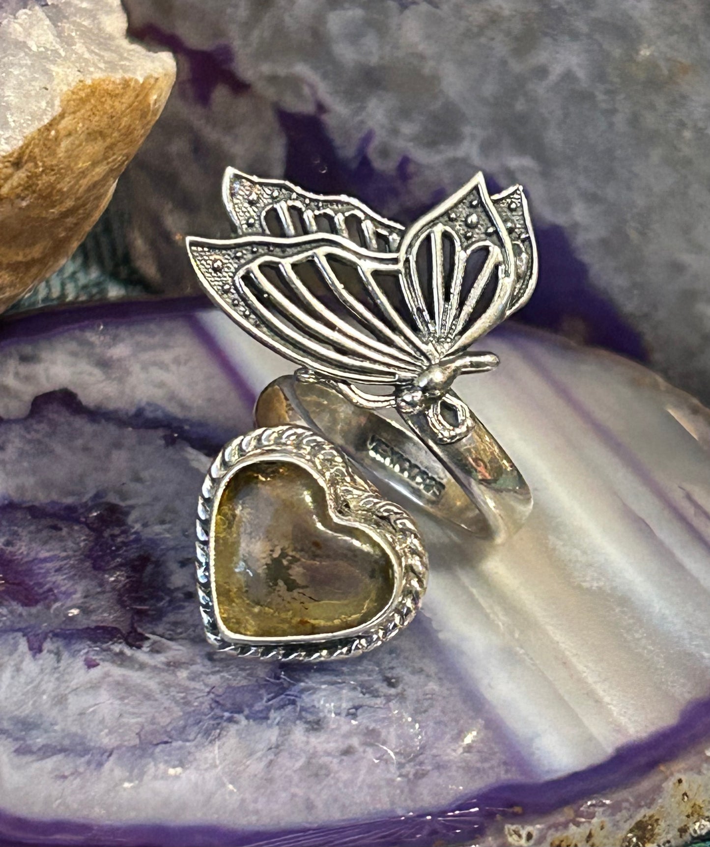 Sterling Silver Taxco Mexico Citrine Amber Heart & Butterfly Bypass Ring
