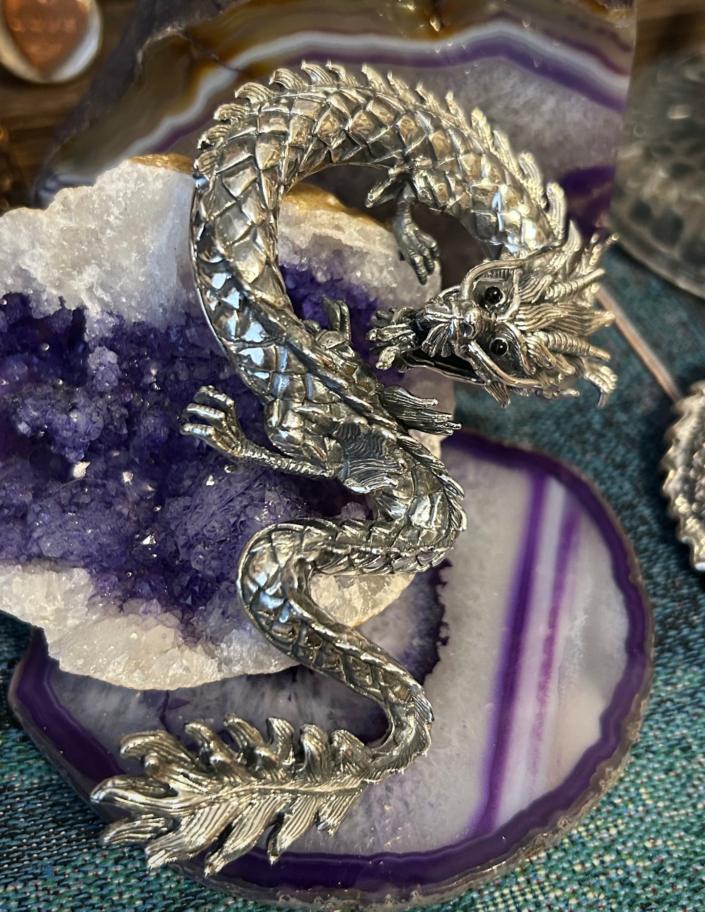 Sterling Silver Designer SOMS Huge Statement Dragon Pendant w/ Onyx Eyes