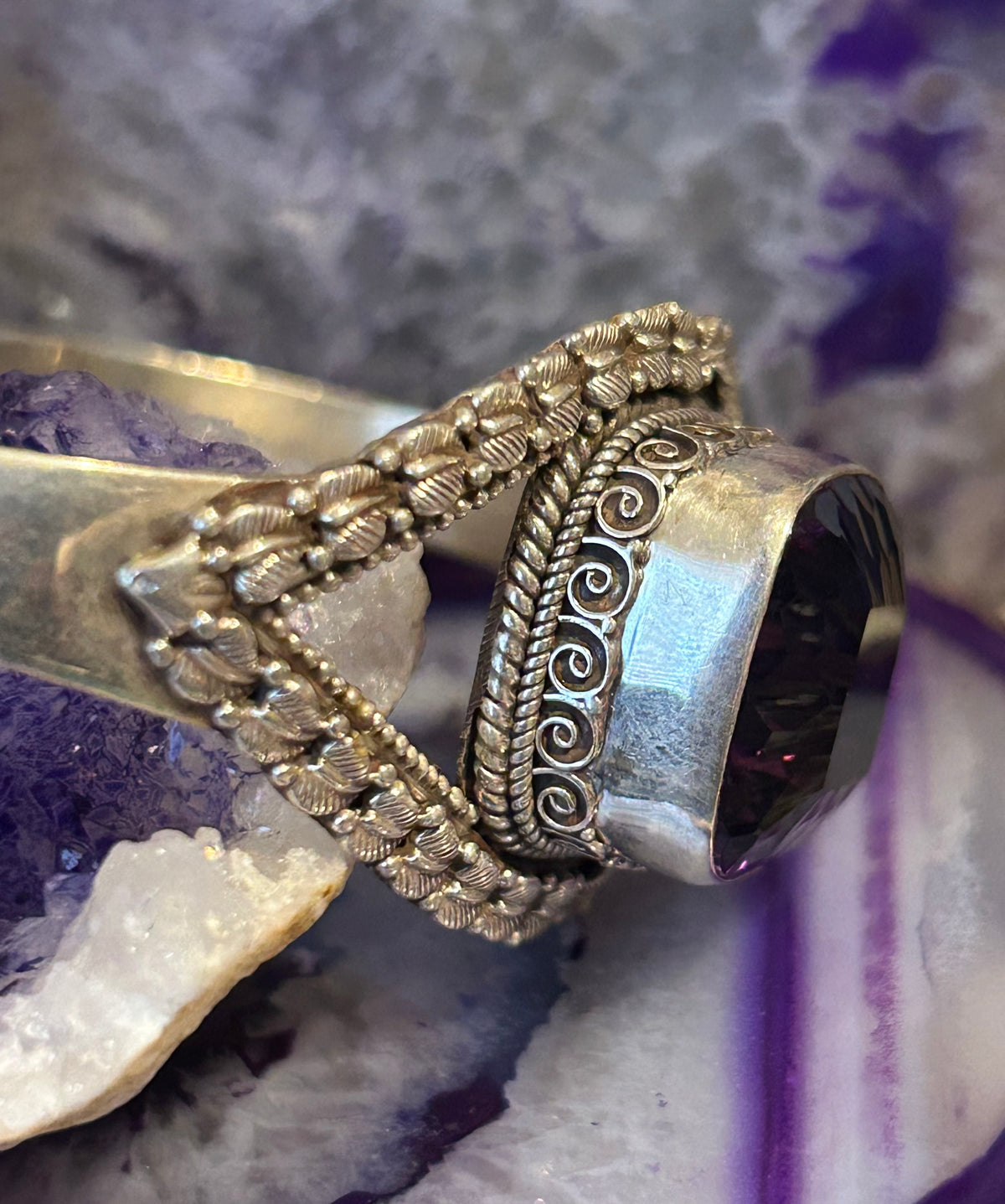 Sterling Silver Bali Large Amethyst Stone Cuff Bracelet