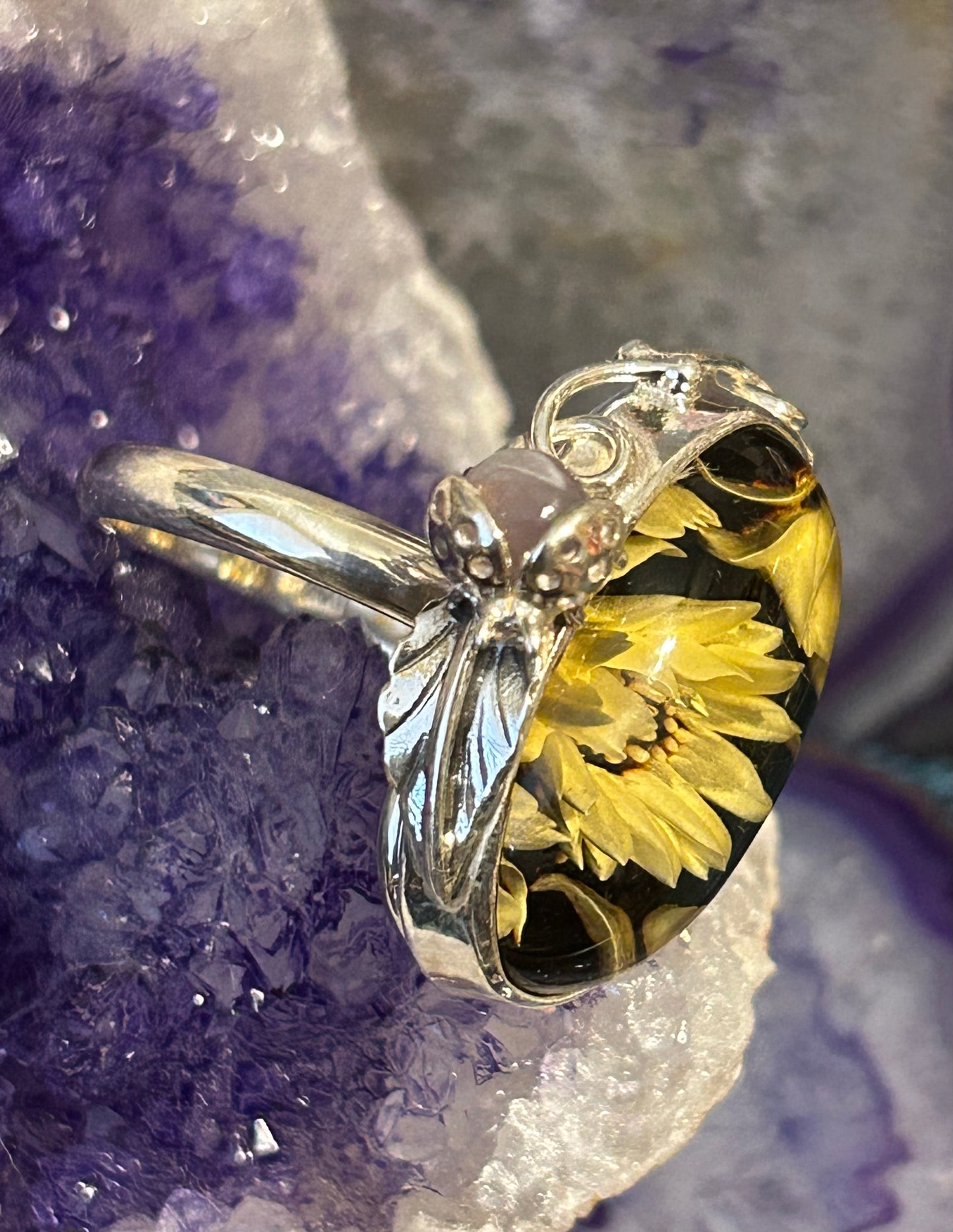 Sterling Silver Carved Amber Ring With Flowers & Amethyst Lady Bug • Adjustable