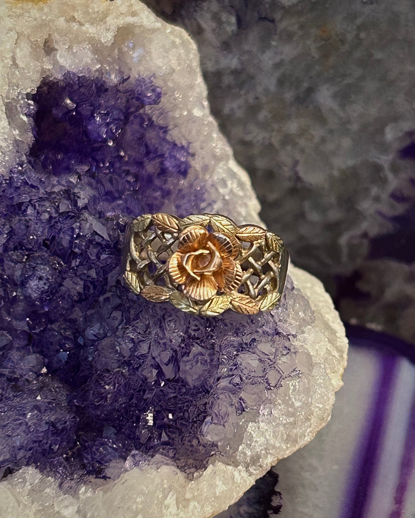 Vintage Coleman Co CCO Black Hills Gold 12K 3D Rose & Leaf Sterling Ring • Size 8