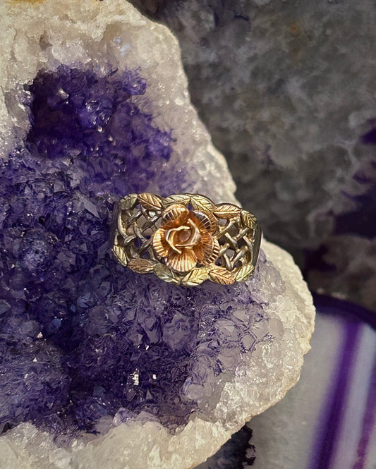 Vintage Coleman Co CCO Black Hills Gold 12K 3D Rose & Leaf Sterling Ring • Size 8