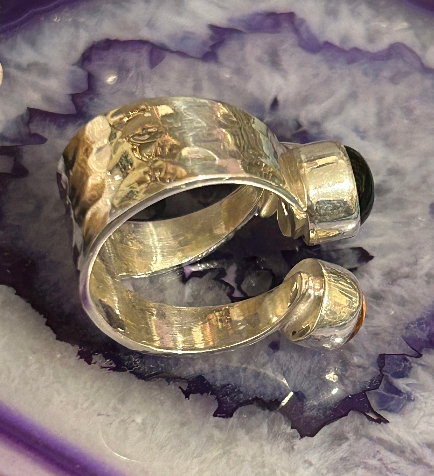 Sterling Silver Made In Taxco Mexico Bypass Ring With Onyx And Amber Size 7-8