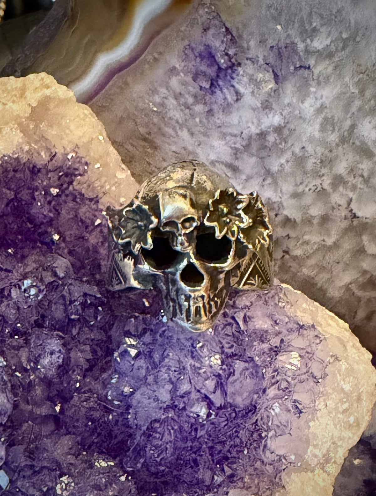 Sterling Silver Modern Taxco Chunky Skull W/ Flower Crown Adjustable Band Ring