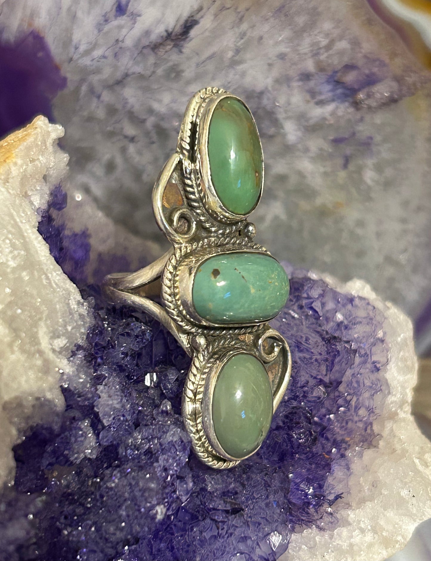 Sterling Silver Triple Stone Roysten Turquoise Ring Size 7