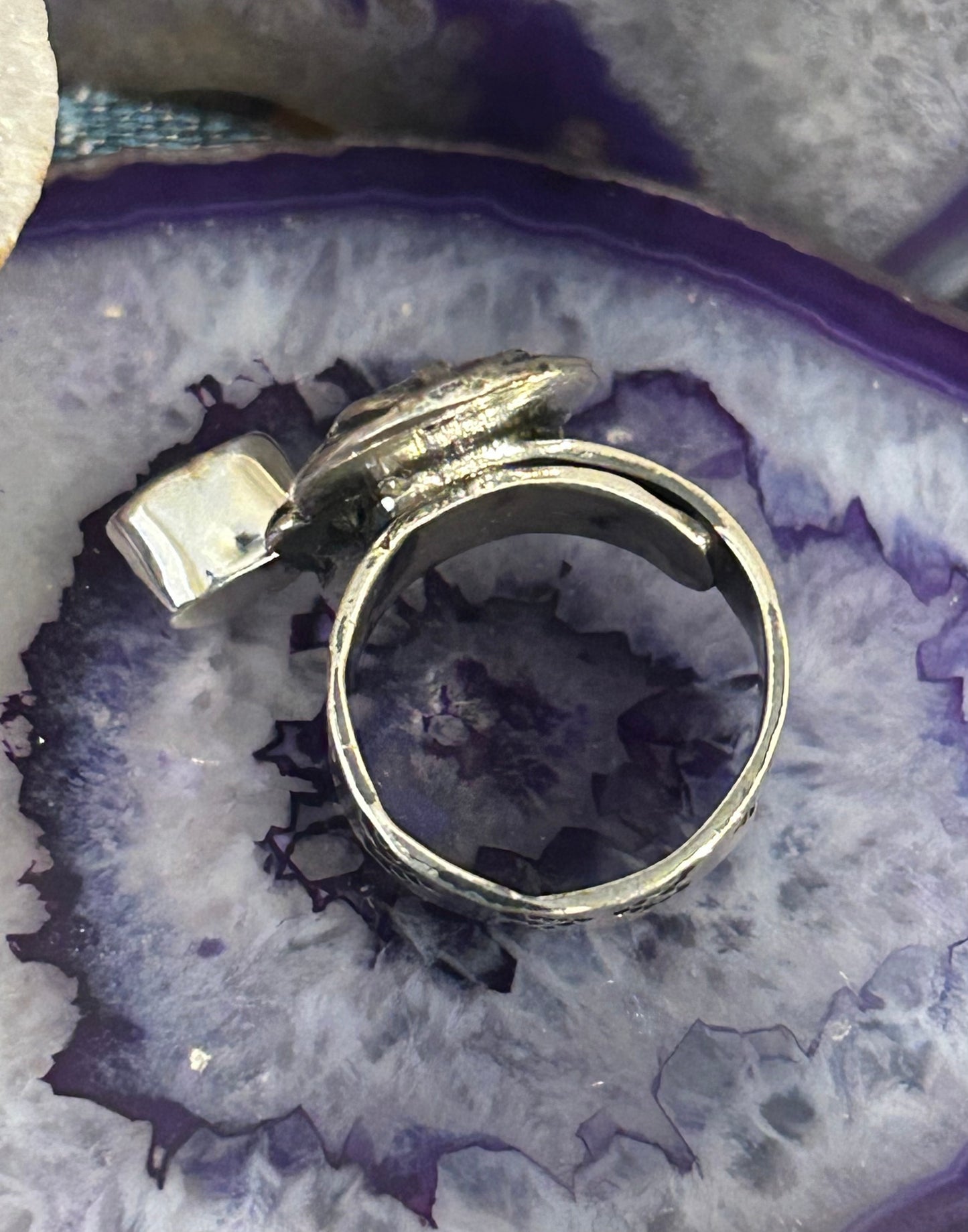 Sterling Silver Modern Taxco Mexico Jellyfish & Zircon Heart Ring Adjustable