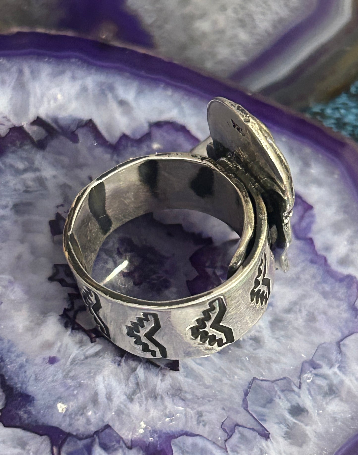 Sterling Silver Modern Taxco Mexico Jellyfish & Zircon Heart Ring Adjustable