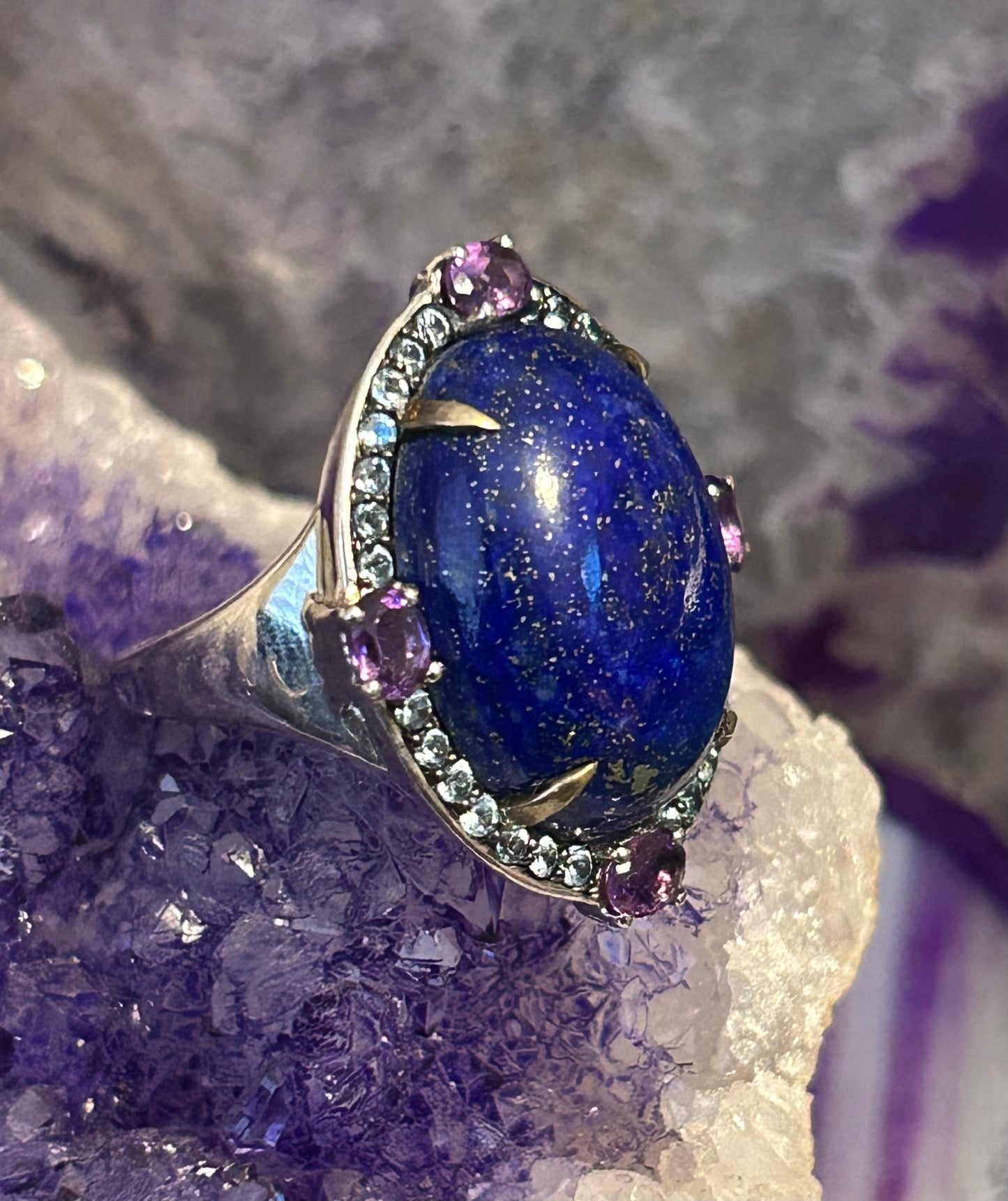 Vintage Sterling Silver Natural Gemstone Lapis, Topaz & Amethyst Ring • Size 8