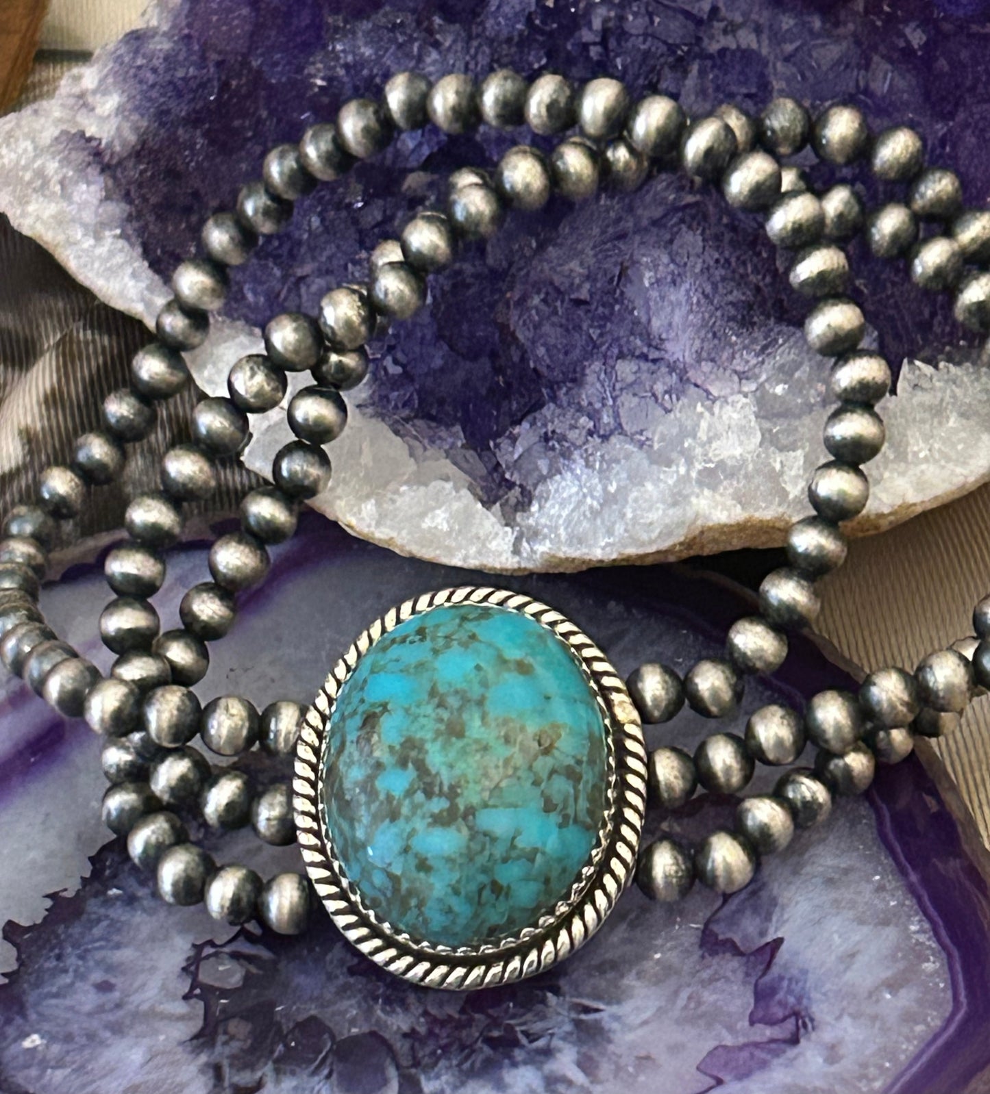 Sterling Silver Southwest Desert Bead Turquoise Stretch Bracelet