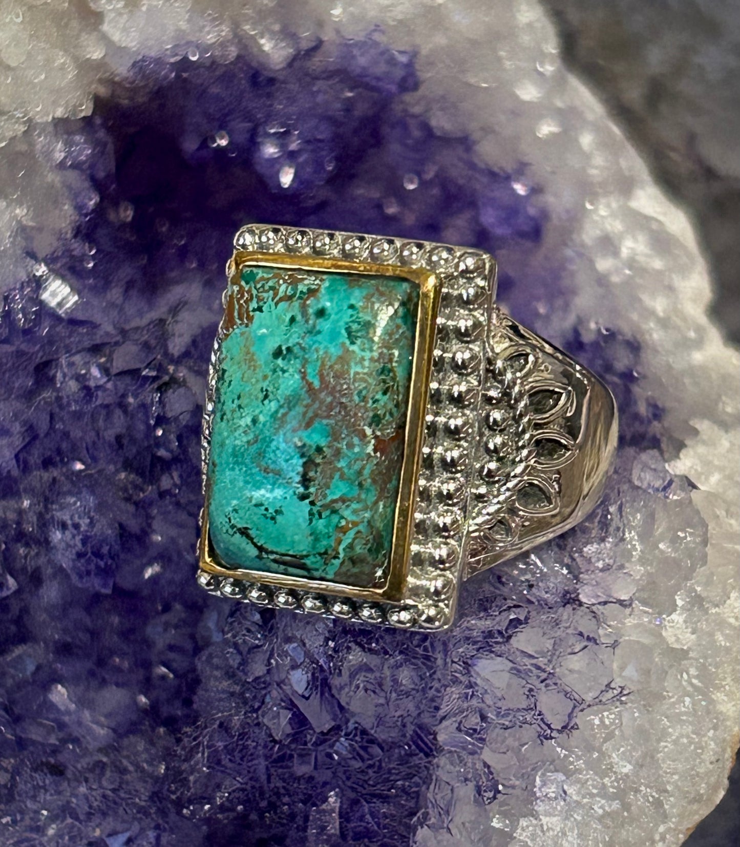Sterling Silver Chrysocolla Chunky Ring w/ Gold Over Accent Size 6.5