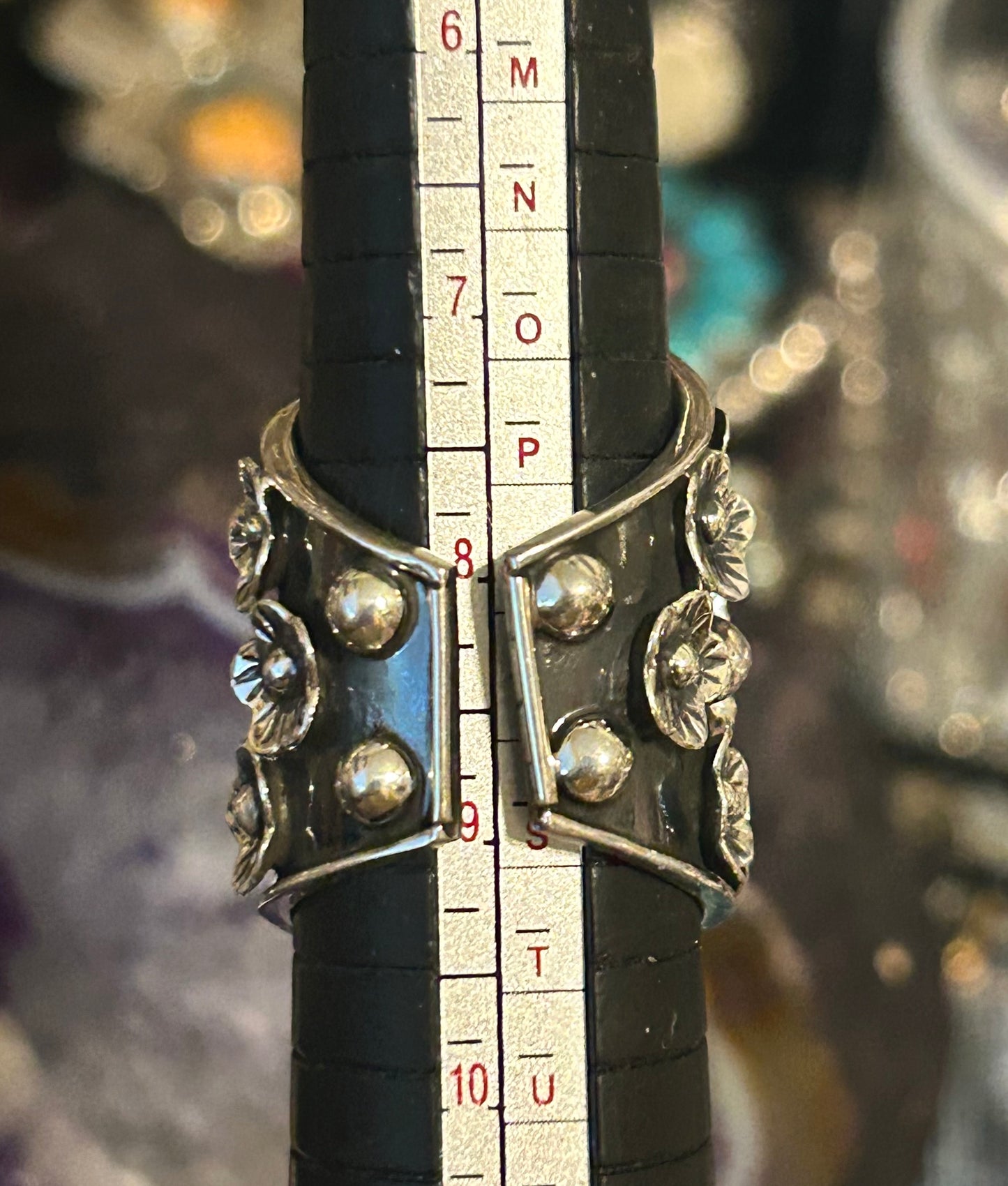 950 Silver Taxco Mexico Large Tiger And Flowers Wide Ring Sz 7-8.5