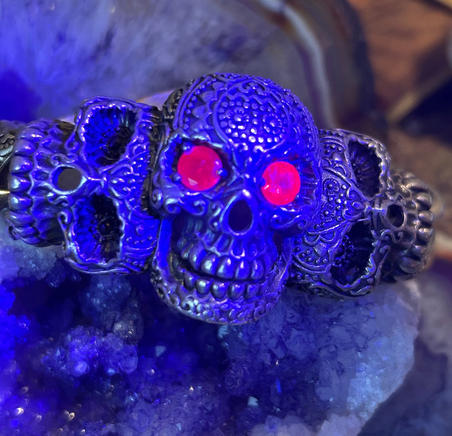 Vintage Sterling Silver Heavy Skull Cuban Link w/ Ruby Eyes Bracelet