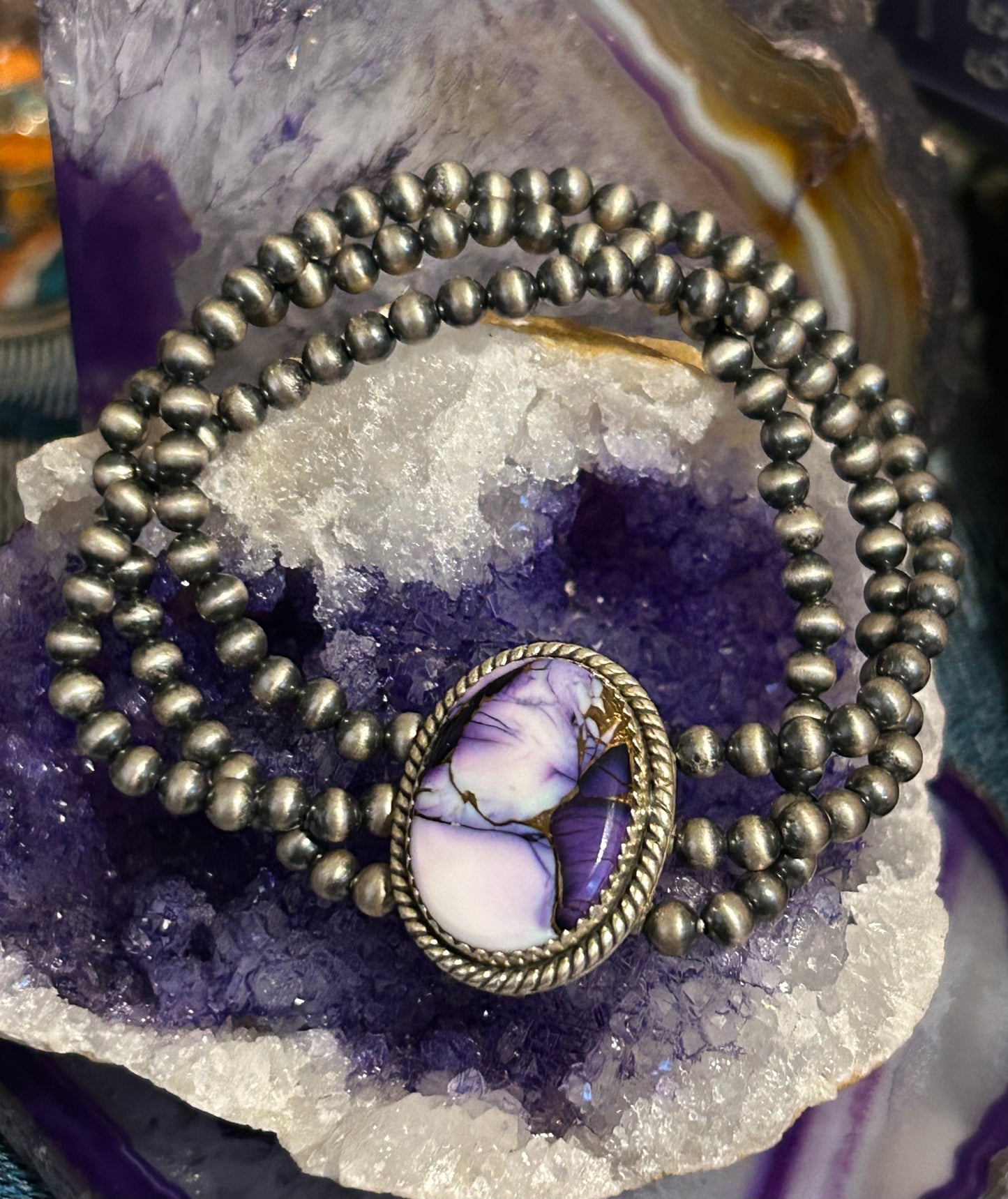 Sterling Silver Desert Pearl Ball Beads and Violet Dahlia Stretch Bracelet
