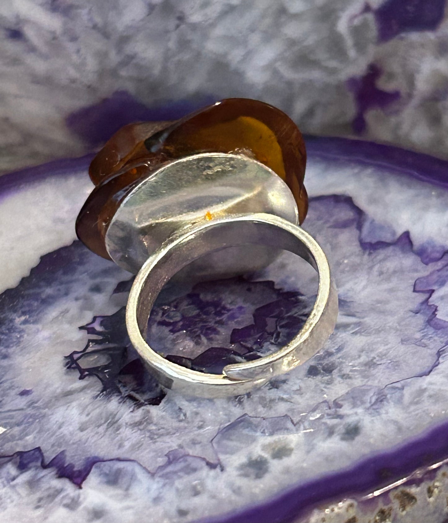 Sterling Silver Baltic Cognac Amber Carved Rose Adjustable Ring