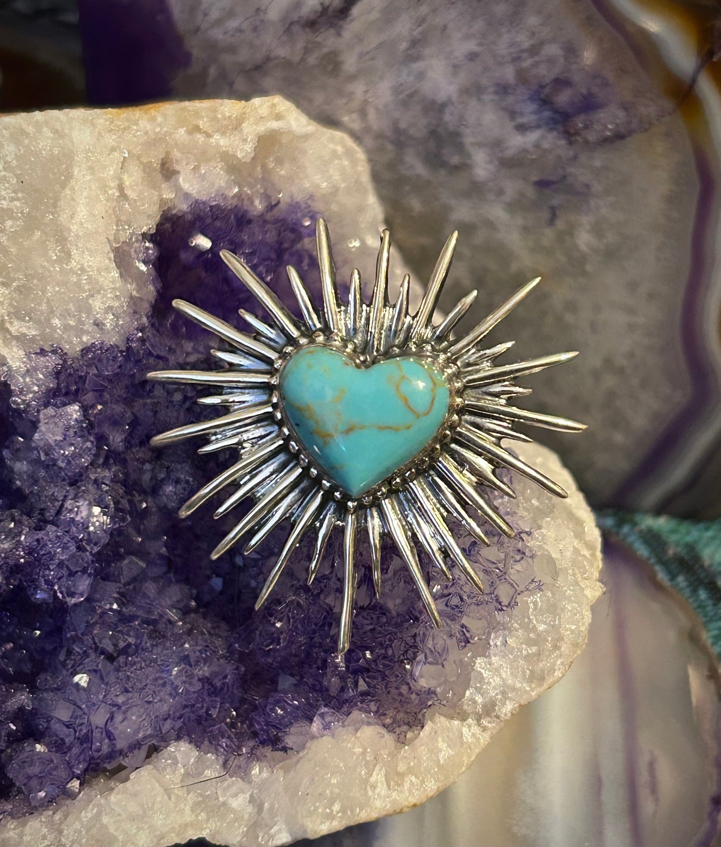 Sterling Silver Taxco Mexico Stone Heart Burst Rings