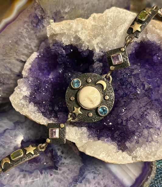 Vintage Sterling Silver 925 Goddess Moon Face Multi Gem Link Bracelet Sz 7.5
