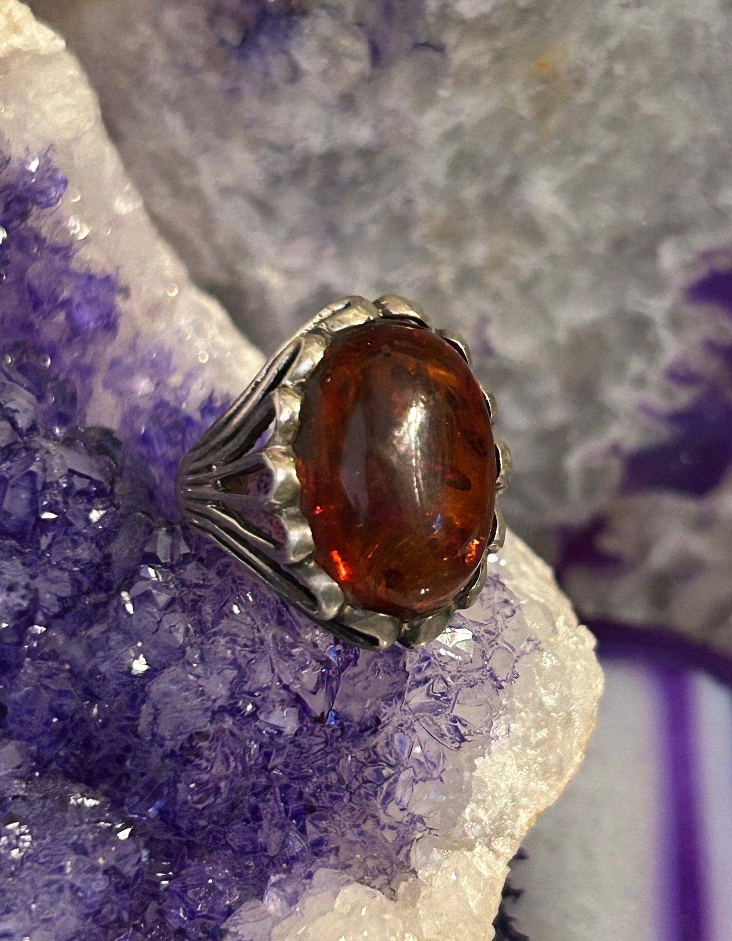 Vintage Sterling Silver Oval Baltic Amber Ring Size 5
