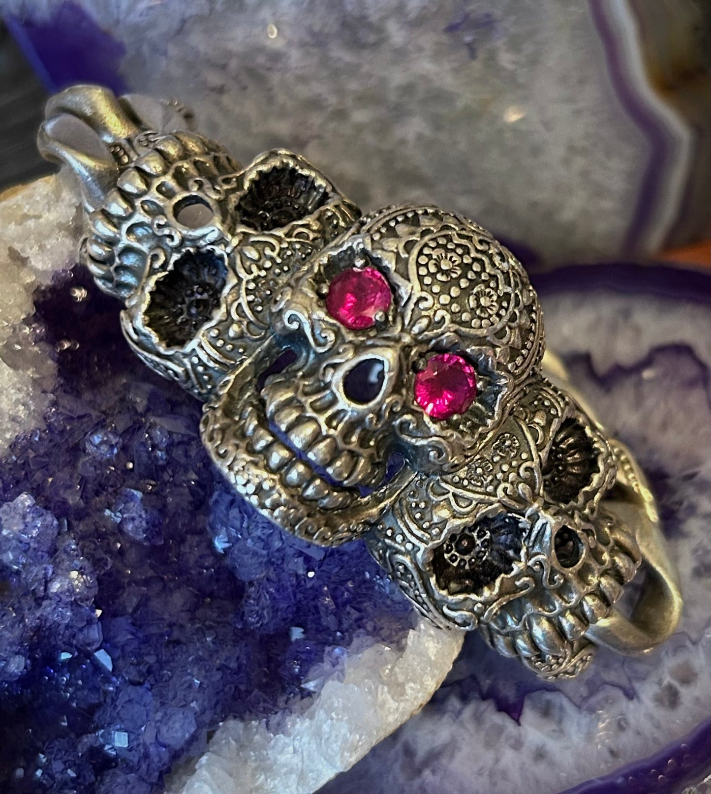 Vintage Sterling Silver Heavy Skull Cuban Link w/ Ruby Eyes Bracelet