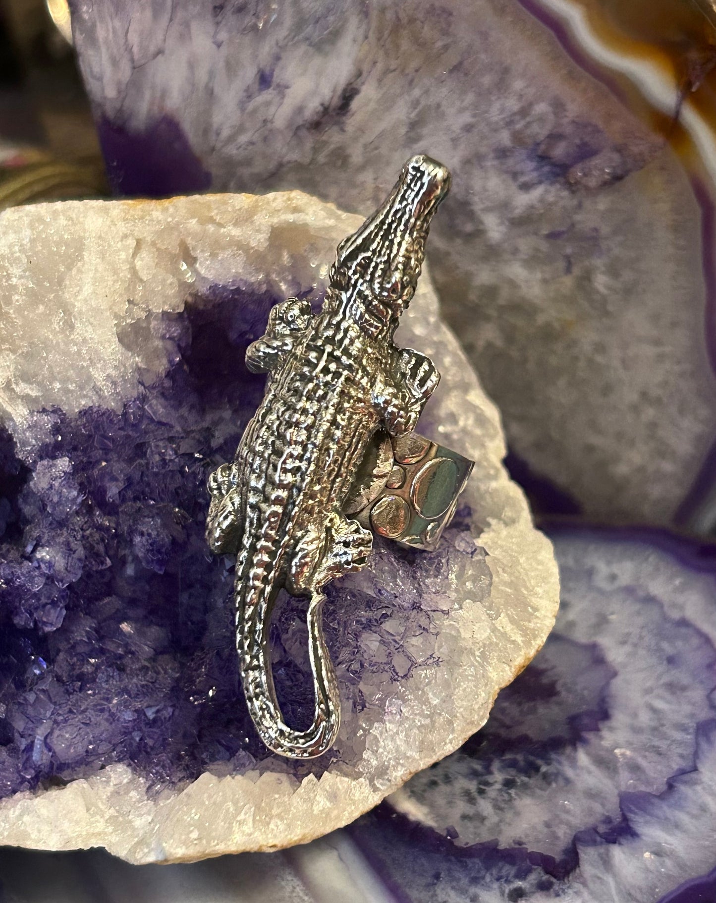 Sterling Silver Taxco Mexico Large Alligator Crocodile Ring Adjustable