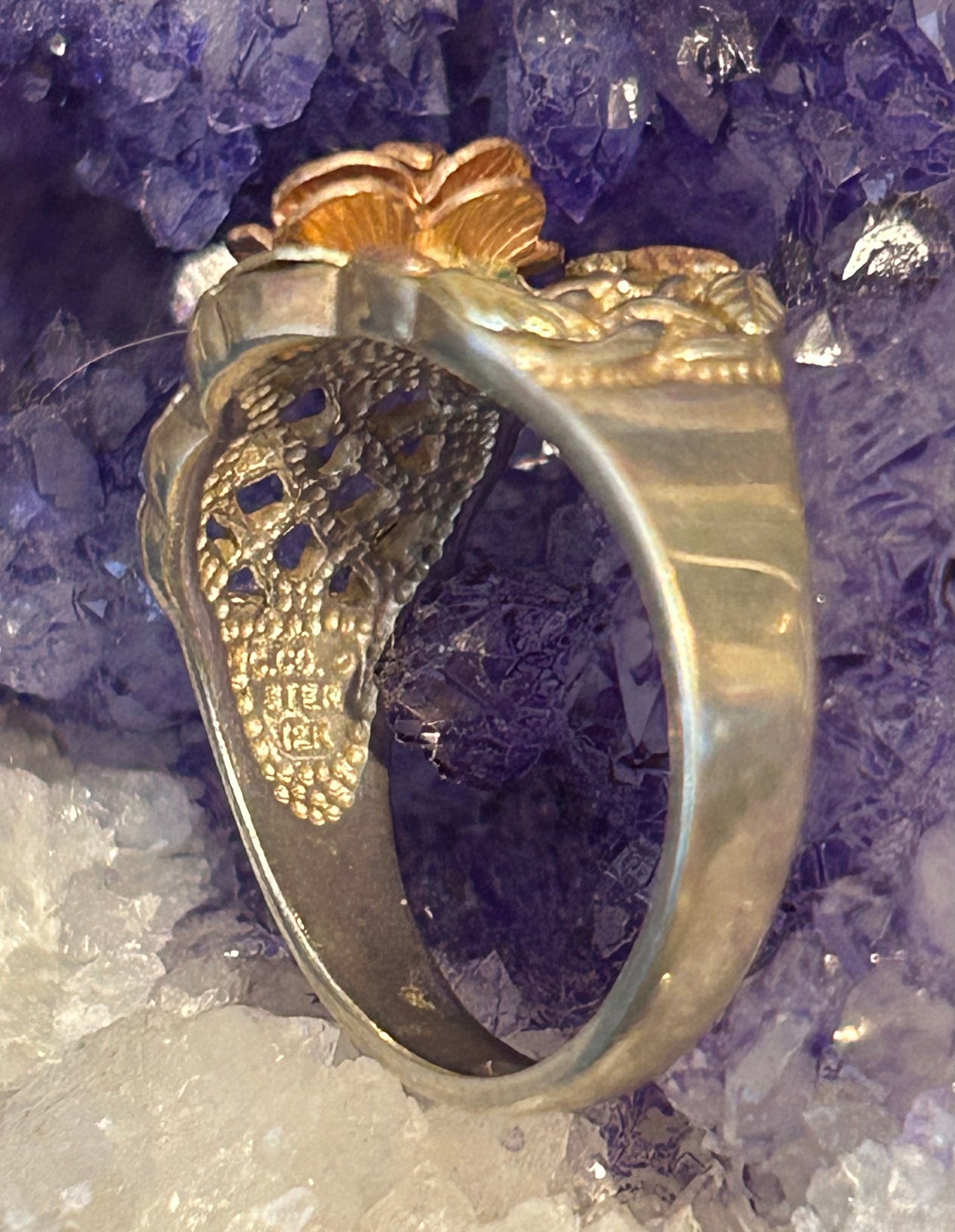 Vintage Coleman Co CCO Black Hills Gold 12K 3D Rose & Leaf Sterling Ring • Size 8