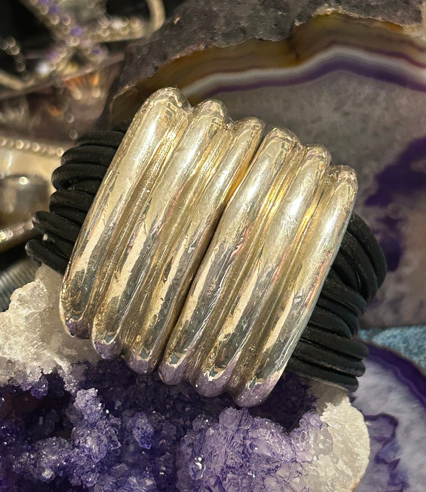 Vintage Chunky Electroformed Sterling Silver & Leather Modernist Bracelet