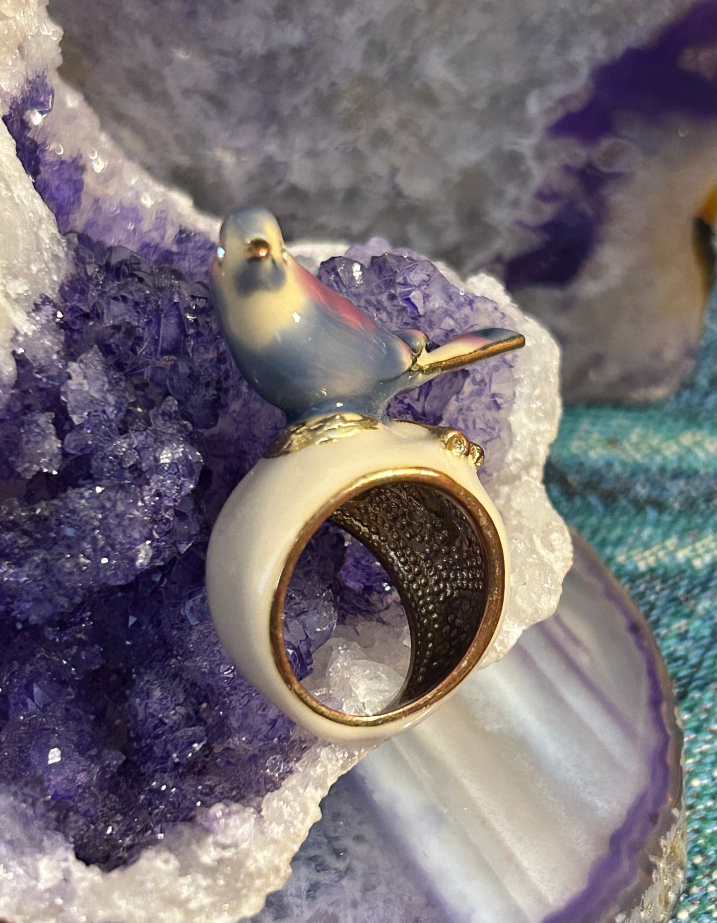 Vintage Gold Tone And Enamel 3D Bird Ring Size 6