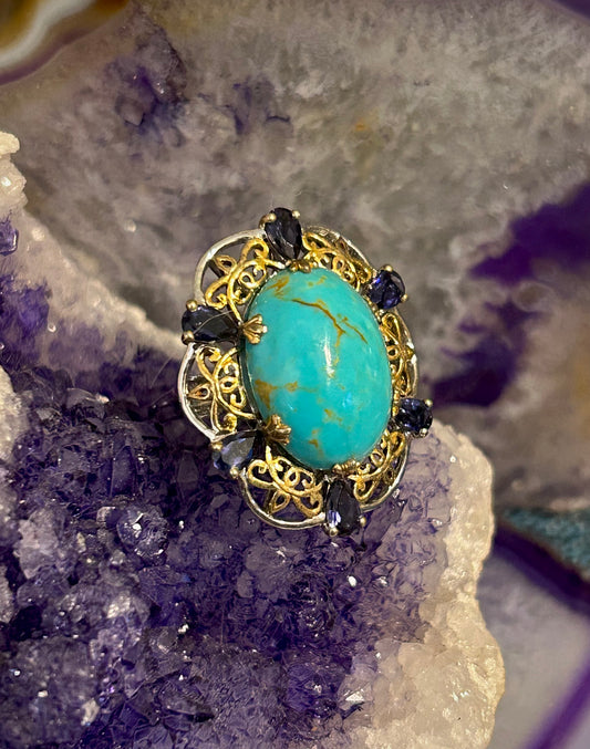 Vintage Sterling Silver Turquoise, Iolite, & Topaz Ring Size 7.5