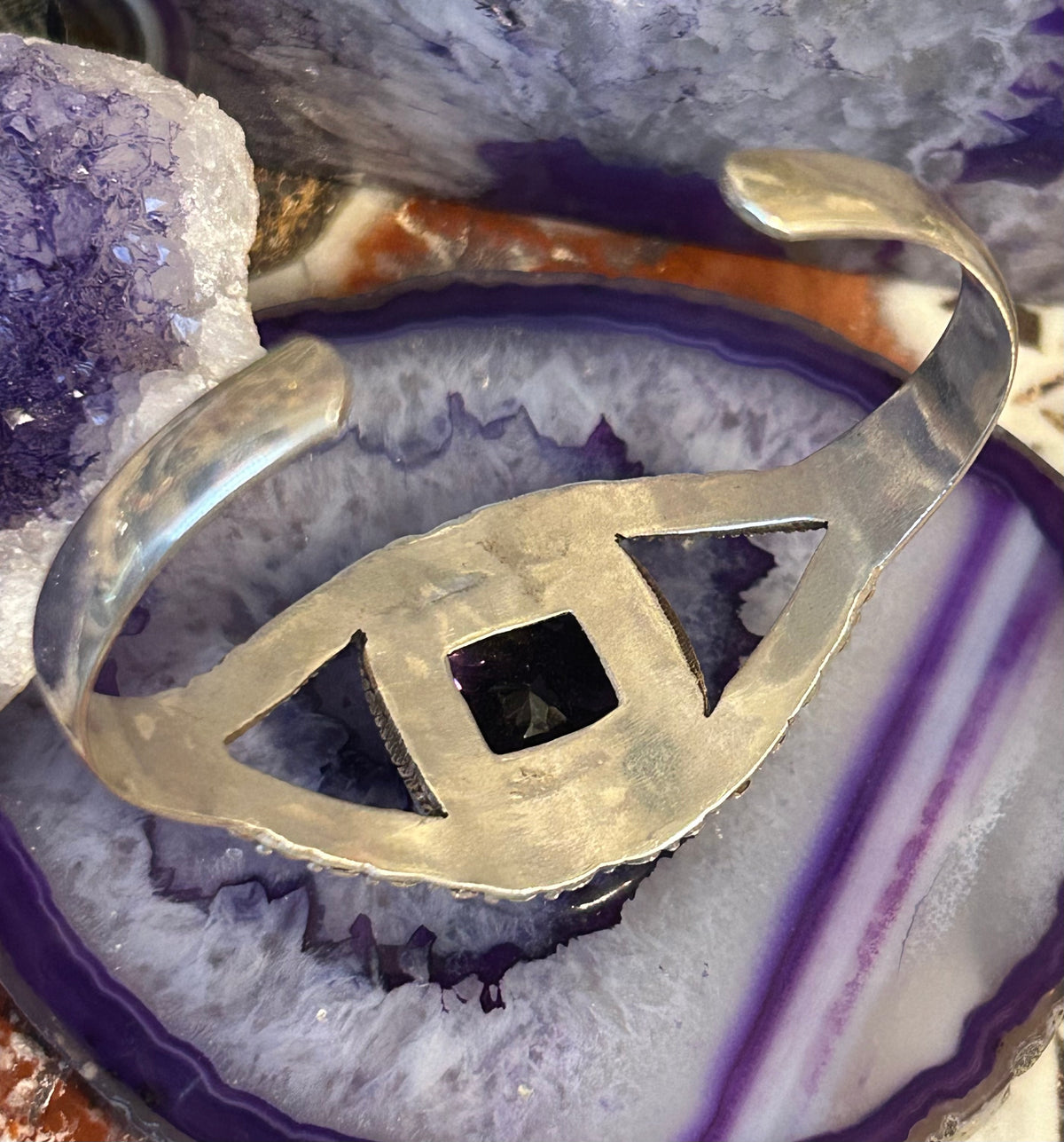 Sterling Silver Bali Large Amethyst Stone Cuff Bracelet