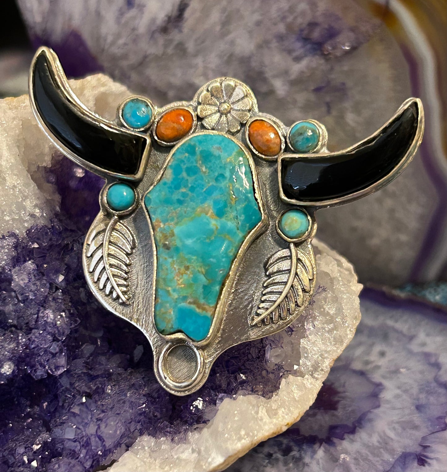 Sterling Silver Turquoise Multistone Longhorn Bull Adjustable Ring