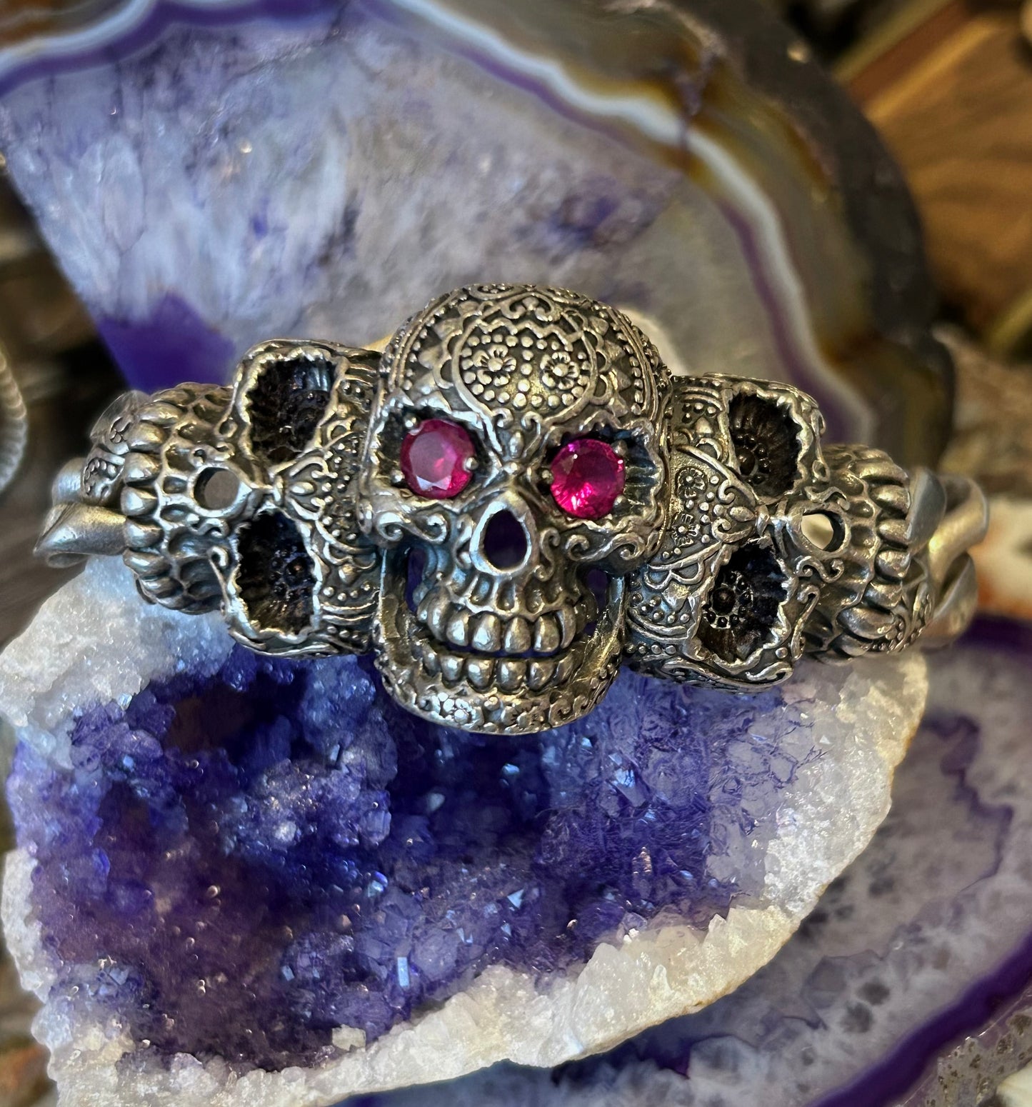 Vintage Sterling Silver Heavy Skull Cuban Link w/ Ruby Eyes Bracelet