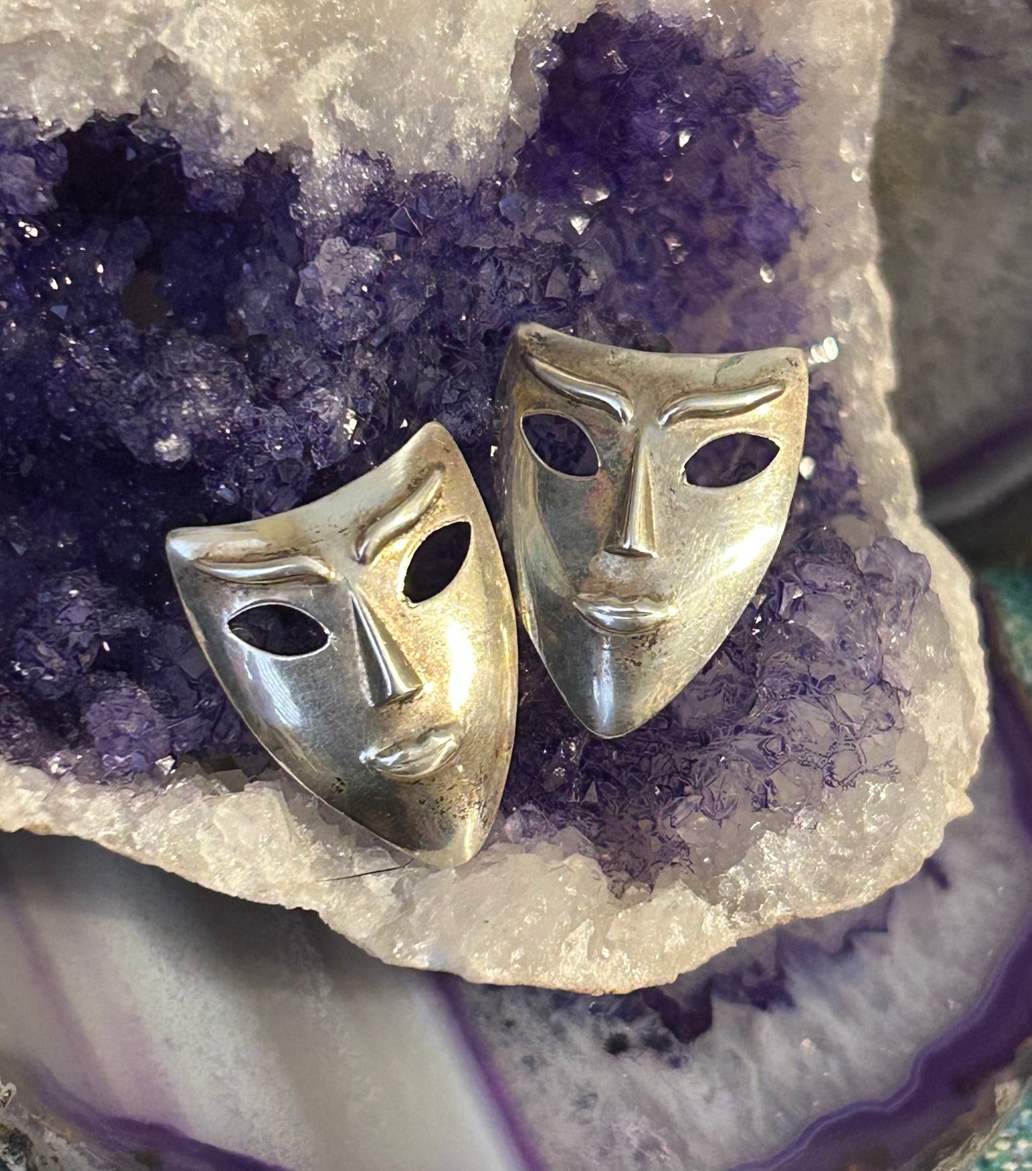 Vintage Sterling Silver Mask Face Earrings Push Back