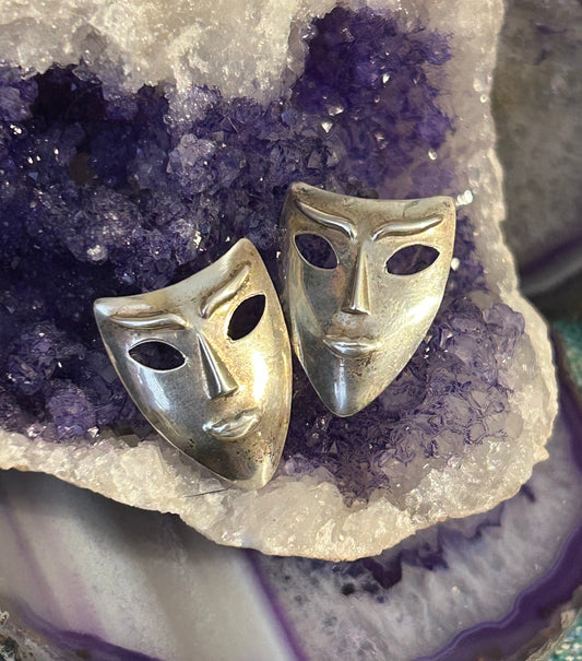 Vintage Sterling Silver Mask Face Earrings Push Back