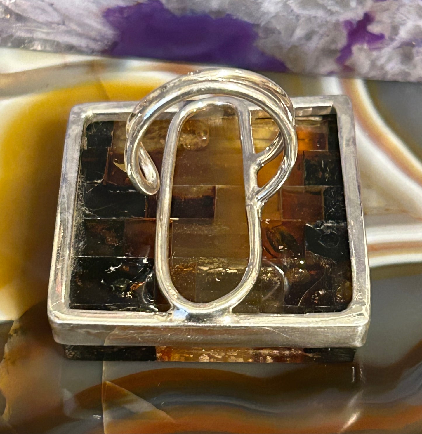 Sterling Silver & Genuine Amber Square Statement Ring • Adjustable