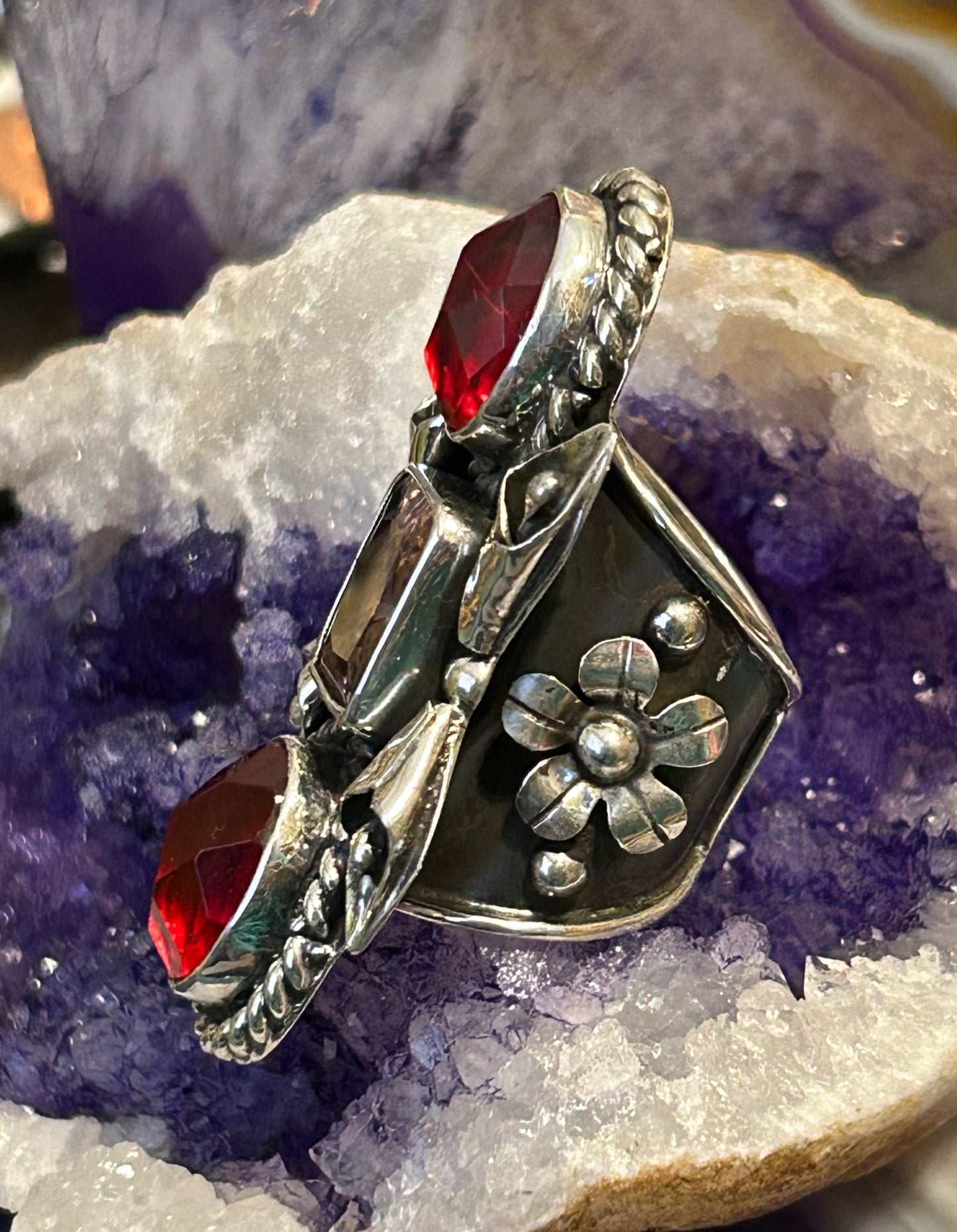 Sterling Silver Taxco Mexico Statement Ring w/ Pink & Red Natural Stones • Size 5-6