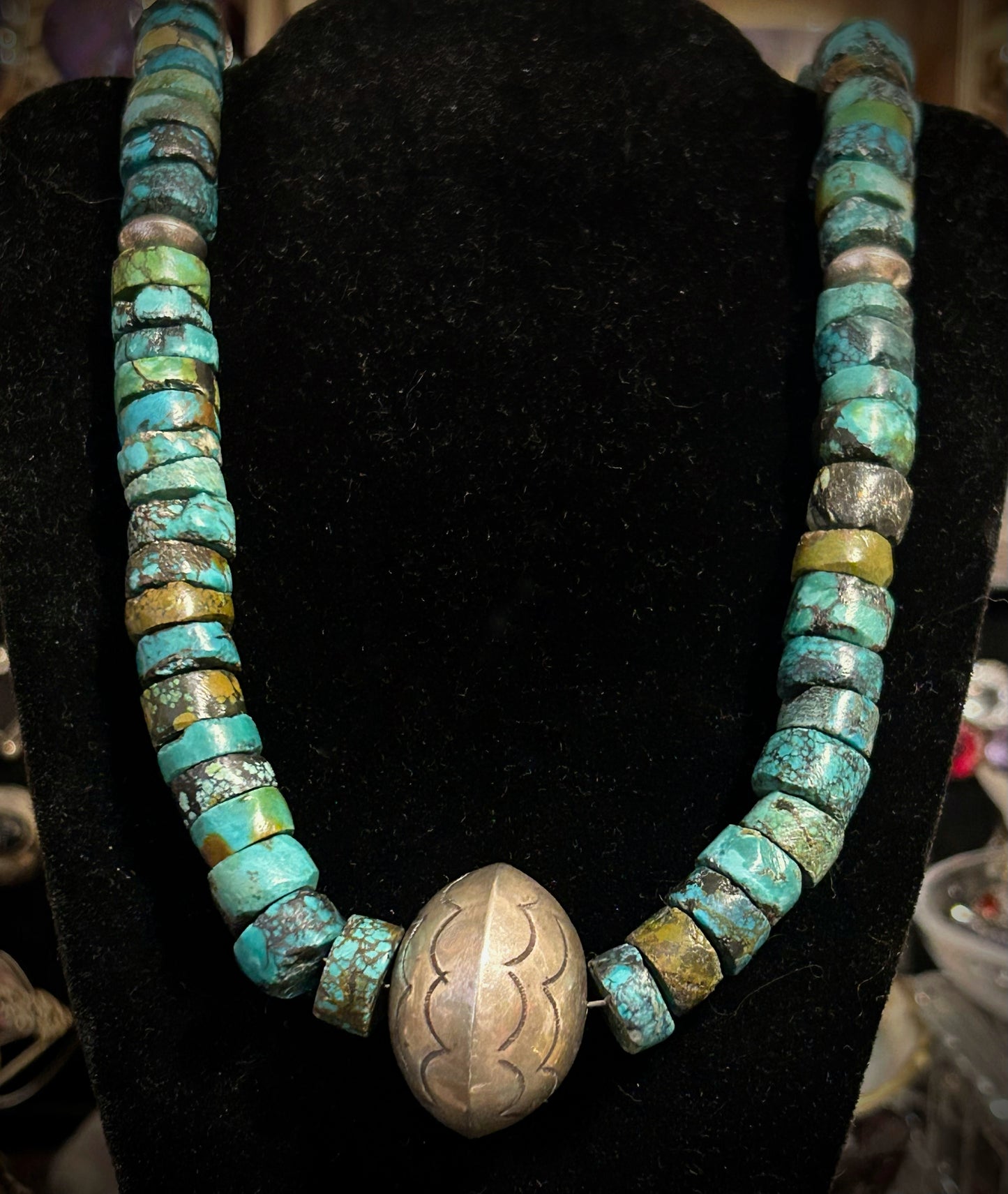 Sterling Silver Native Made Big Bench Bead Pearl With Turquoise Necklace
