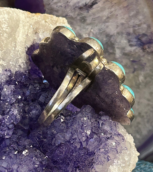 Sterling Silver Turquoise And Spiny Oyster Large Adjustable Heart Ring