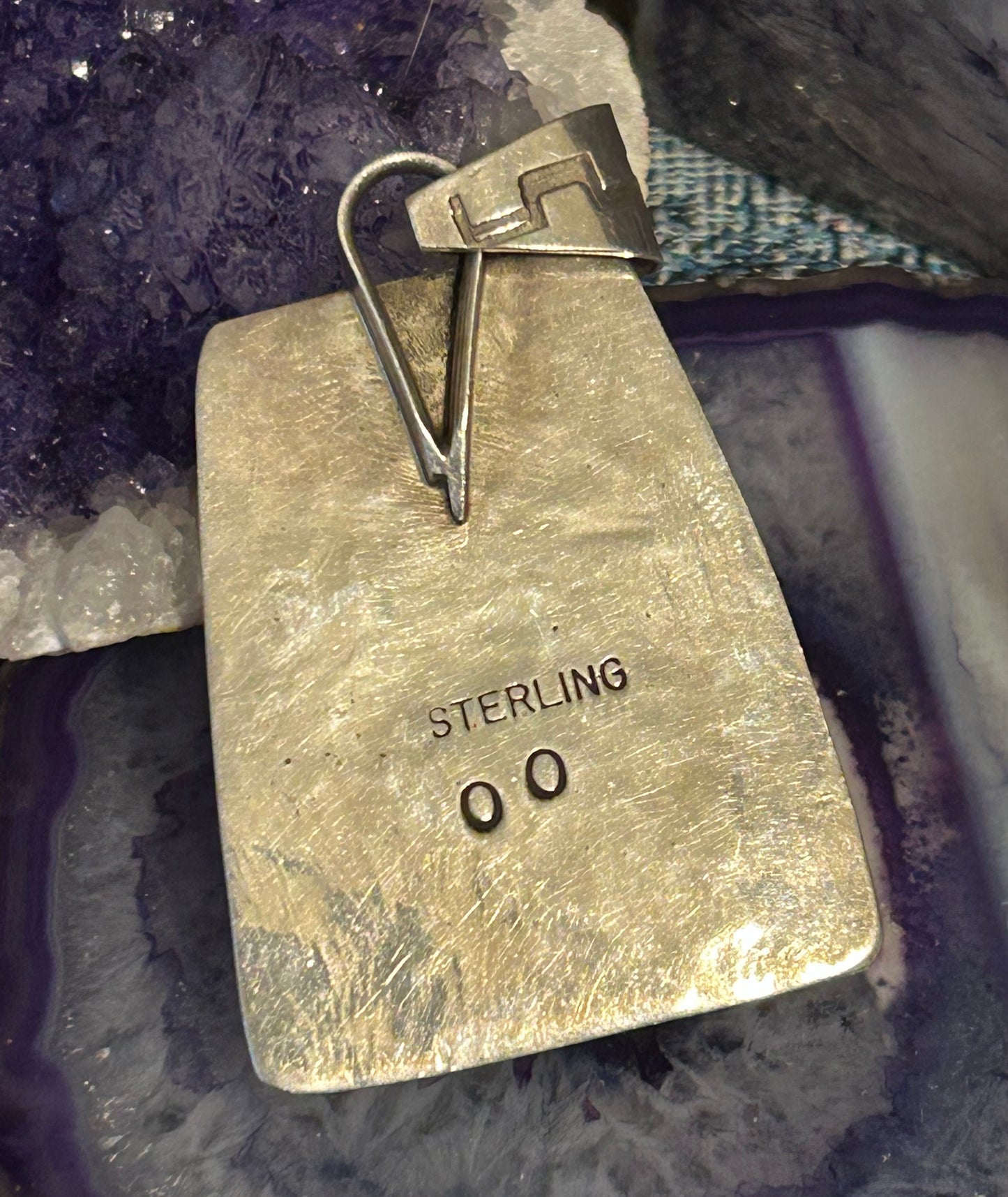 Sterling Silver Native American Baltic Amber Large Pendant Signed OO