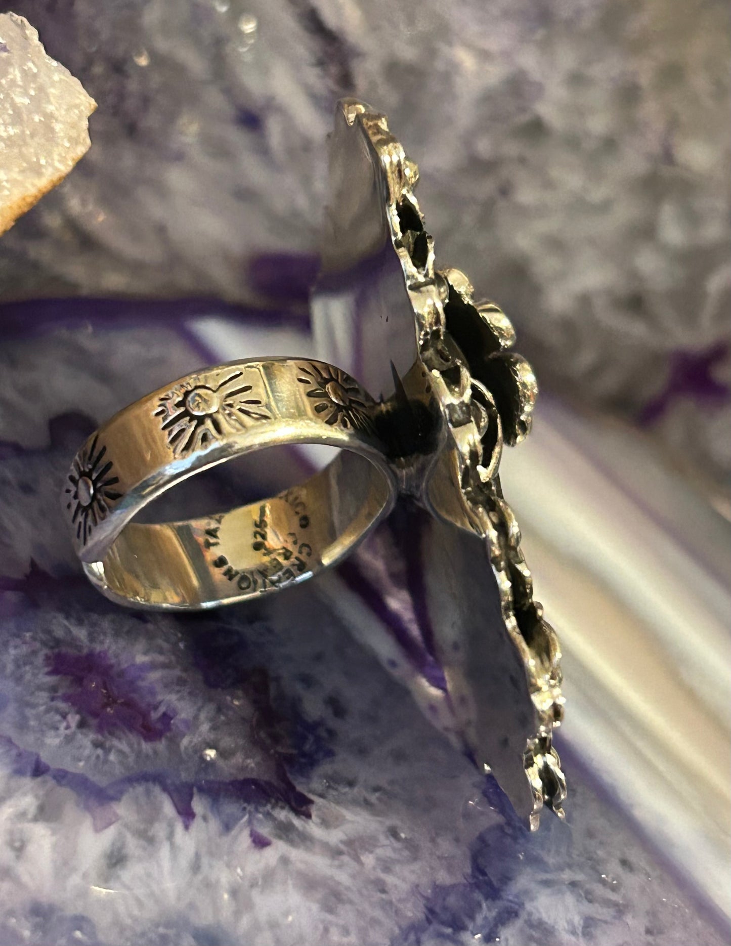 Sterling Silver Taxco Mexico Bull Longhorn Skull Flower Ring Size 7-8.5