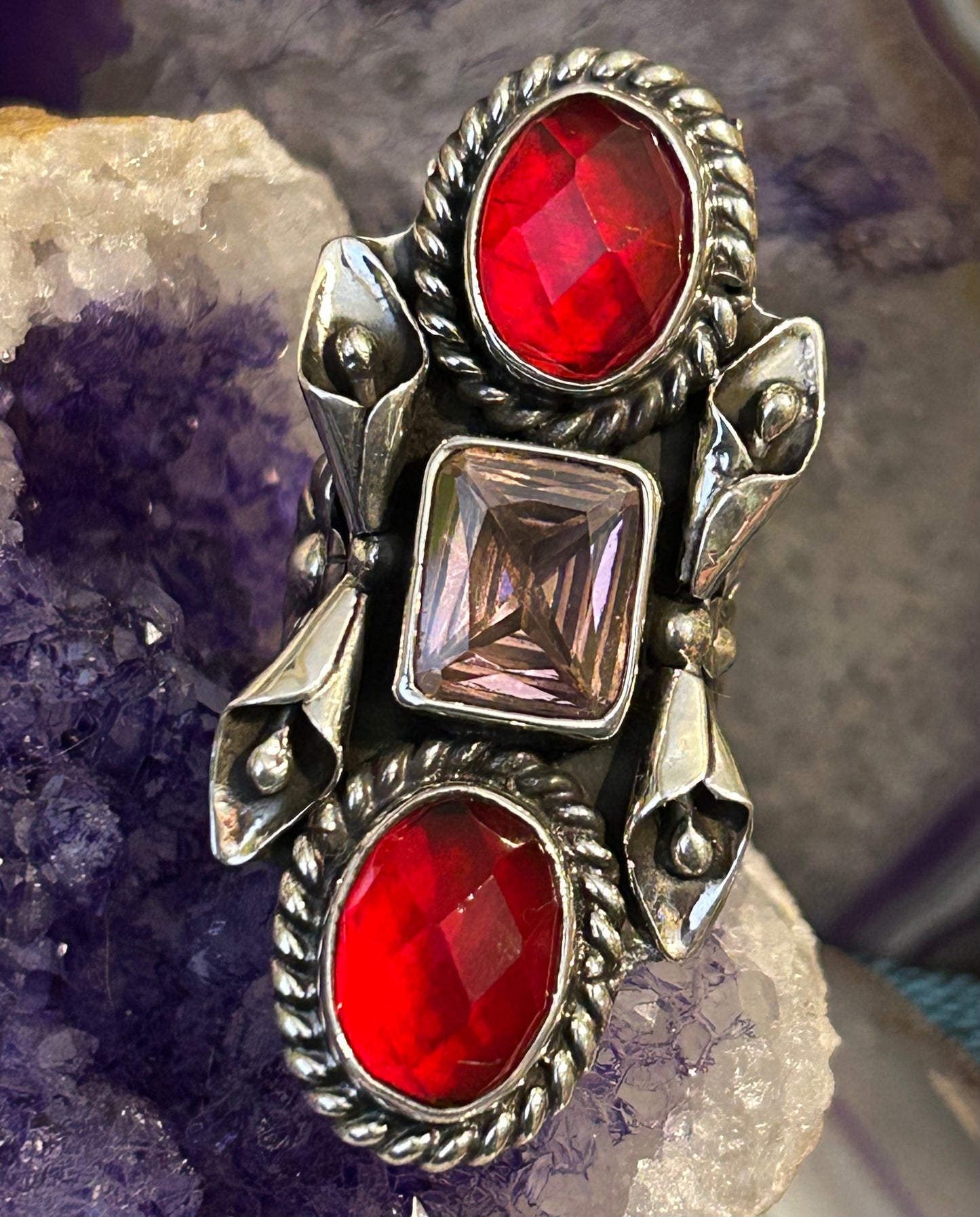 Sterling Silver Taxco Mexico Statement Ring w/ Pink & Red Natural Stones • Size 5-6
