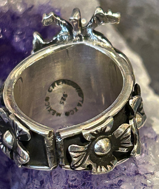 Sterling Silver Taxco Mexico Anatomical Heart & Flowers Ring Size 7-9