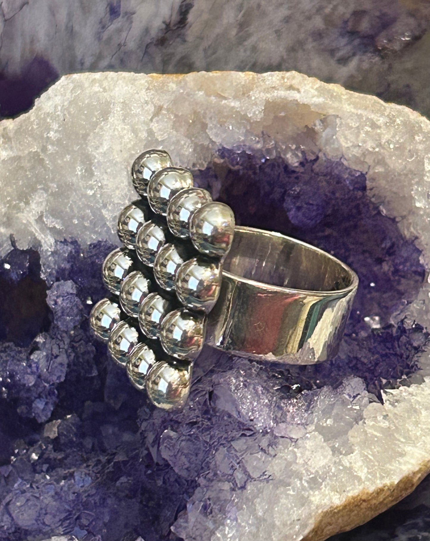 Sterling Silver Taxco Mexico Large Square Balls Modernist Ring Adjustable