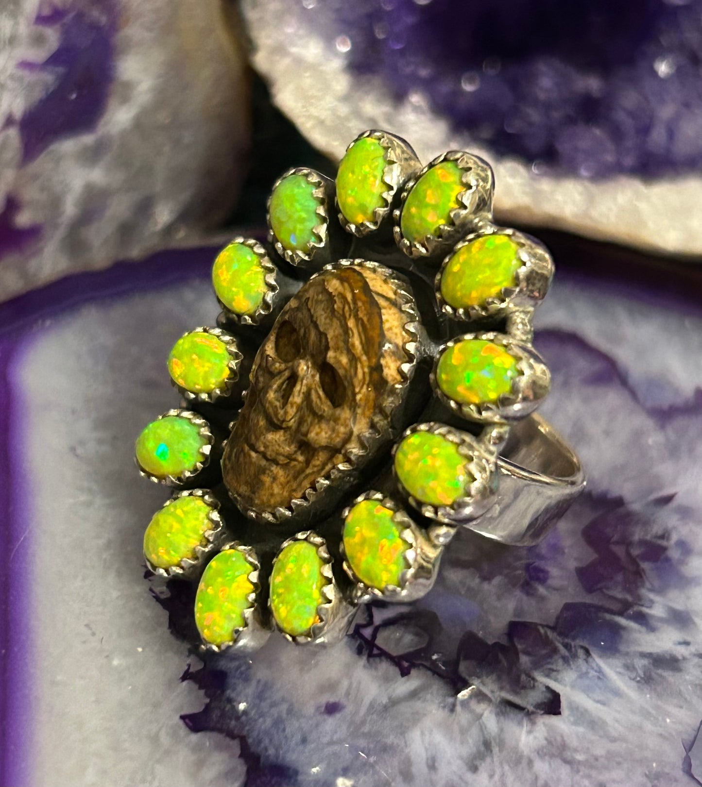 Sterling Silver Carved Jasper Skull With Green Opal Large Ring Adjustable