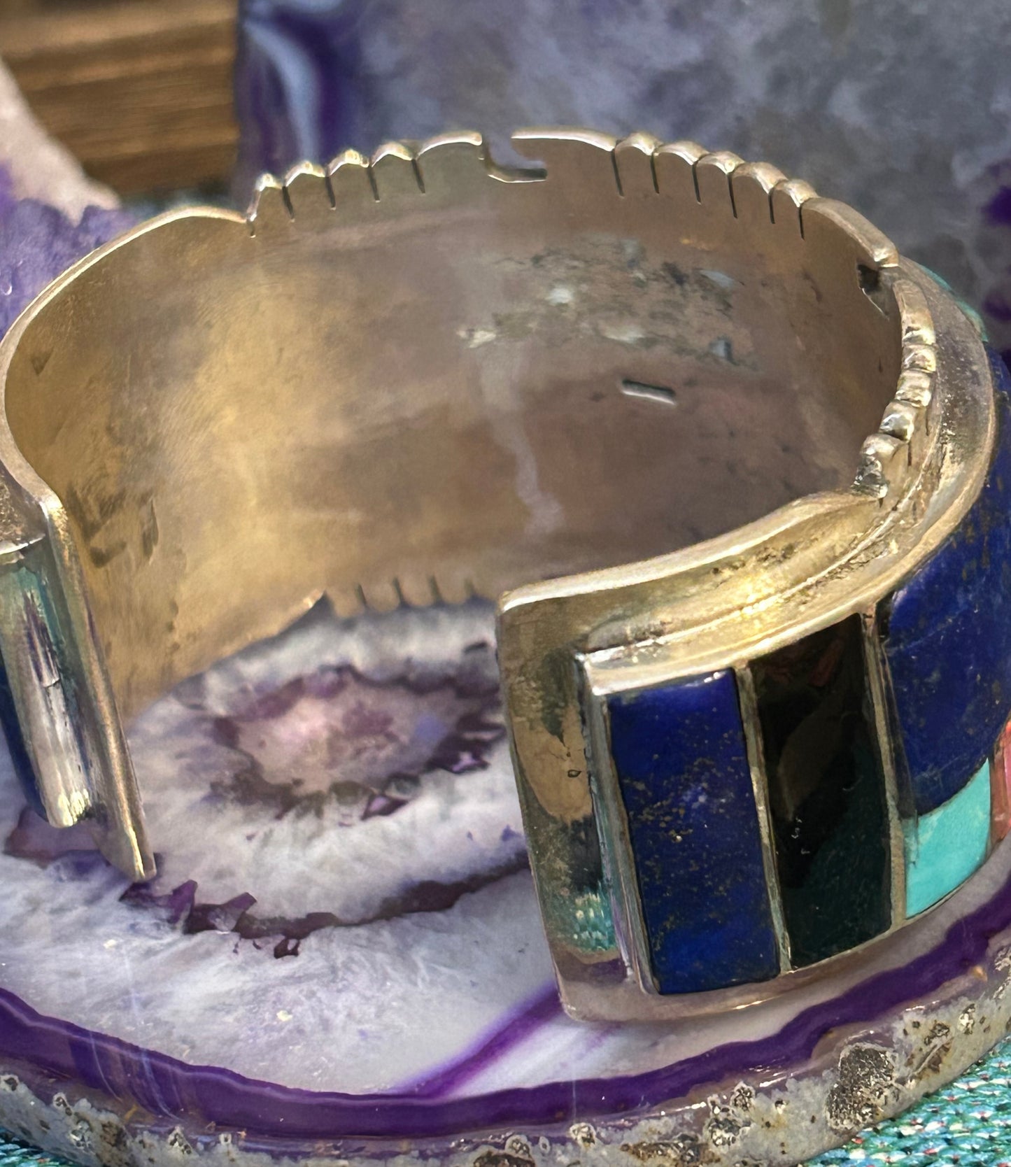 Sterling Silver Huge Multi-stone Inlay Statement Cuff Bracelet
