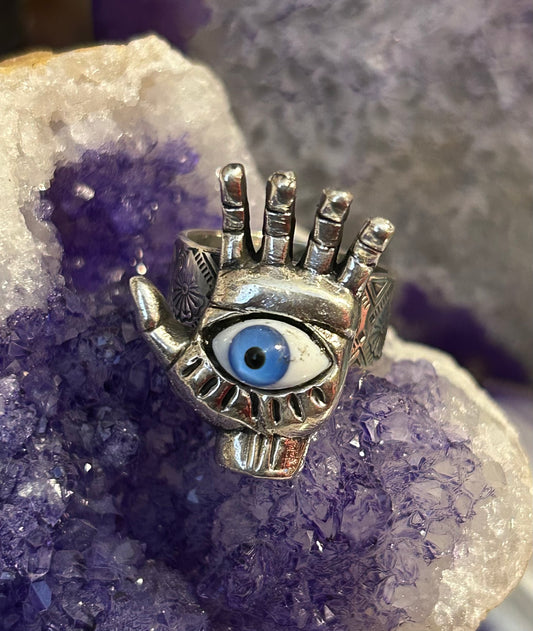 Sterling Silver Taxco Mexico Seeing Eye Protection Hand Oddities Ring Adjustable