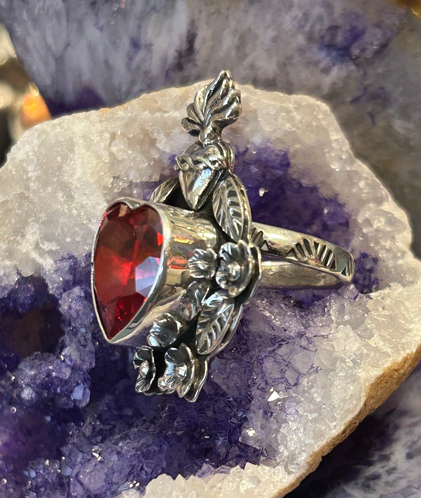Taxco Mexico 950 Silver Red Zircon Sacred Heart & Flowers Ring Adjustable