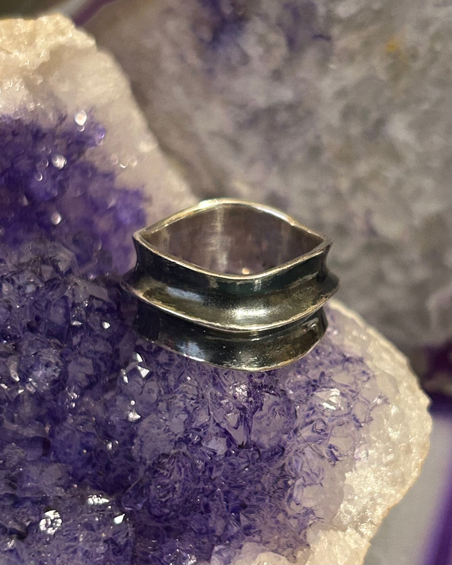Sterling Silver Wavey Modernist Oxidized Wide Band Ring Size 7